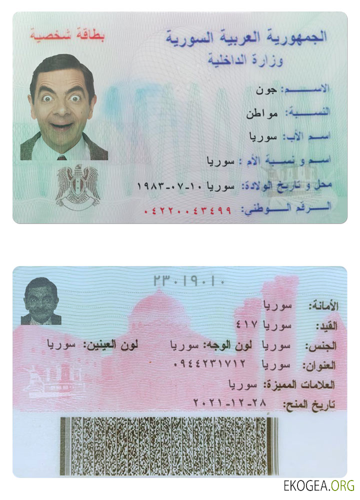 Carte d'identité de la Syrie